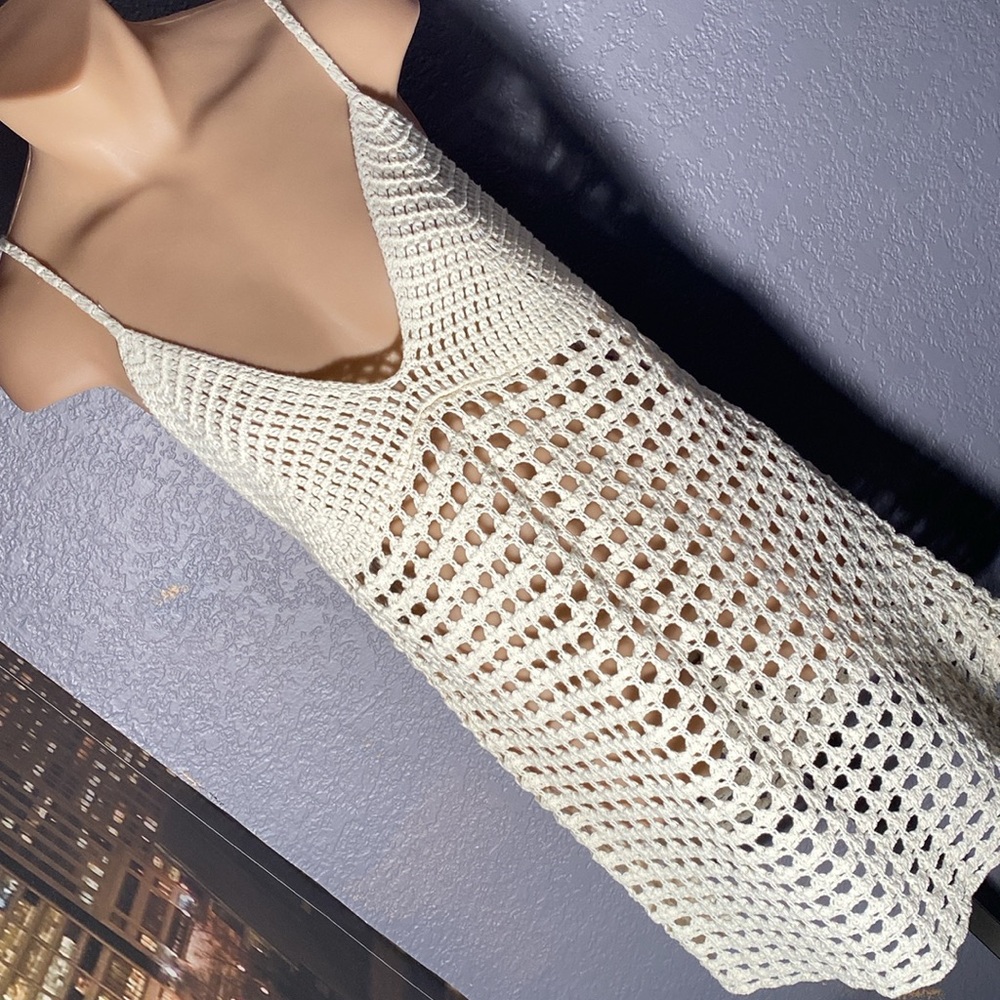 URBAN OUTFITTERS - dress: cream open knit strappy mini w sheer bottom - L